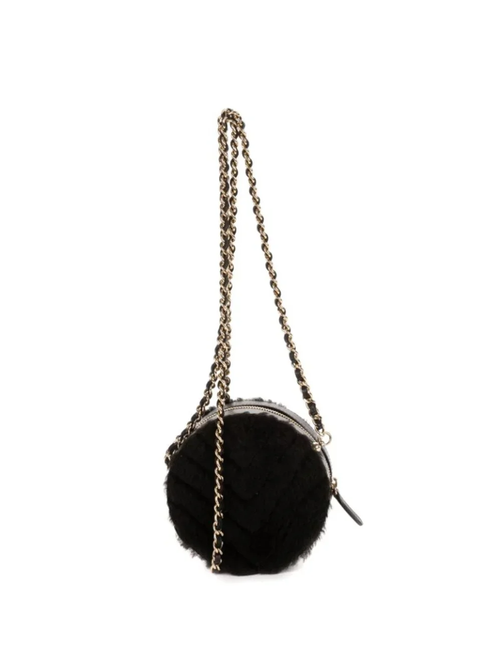 Chanel CC Shearling Chevron Round Crossbody Black Canvasa